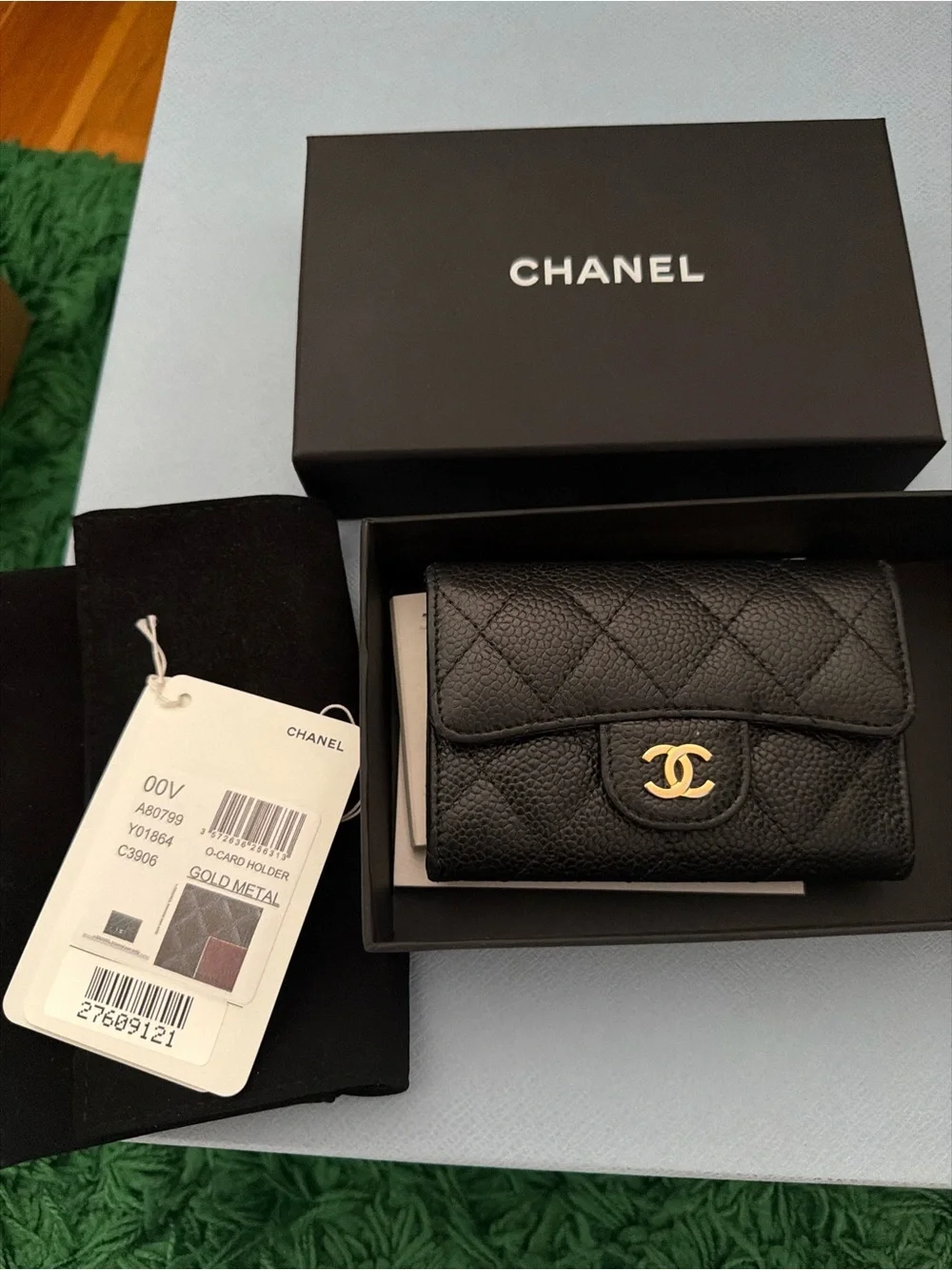 CHANEL Black Quilted Caviar Leather Card Case with Gold CC Hardware